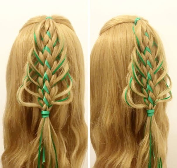 Green Christmas hairstyle with ribbons 