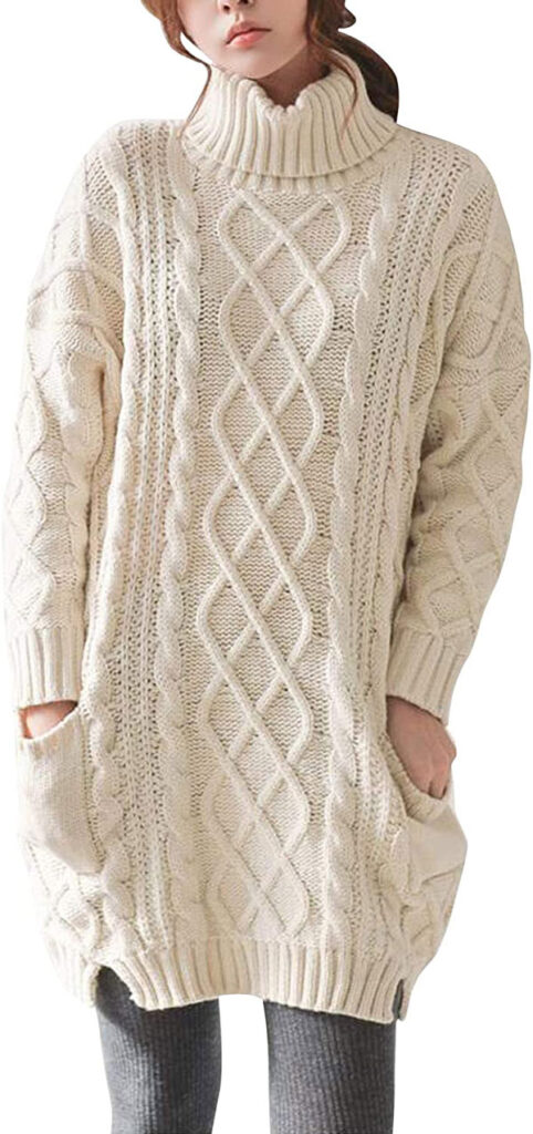 Knitted Turtleneck Long Sleeve Winter Wool Pullover Long Sweater Dresses