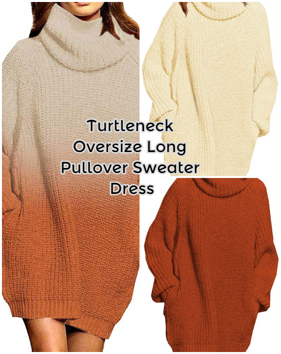 Pink Queen Women's Loose Turtleneck Oversize Long Pullover Sweater Dress