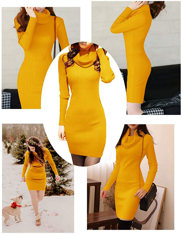 Women Cowl Neck Knit Stretchable Elasticity Long Sleeve Slim Fit Sweater Dress
