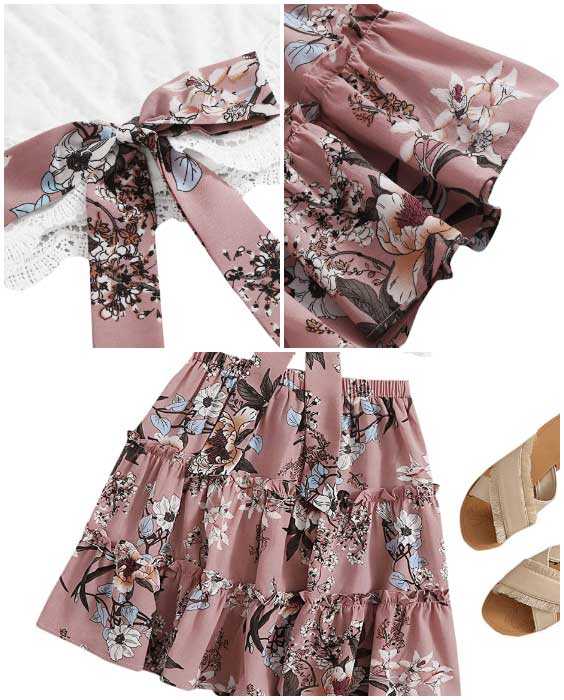2 Piece Halter Tie Back Lace Crop Top with Skirt Set