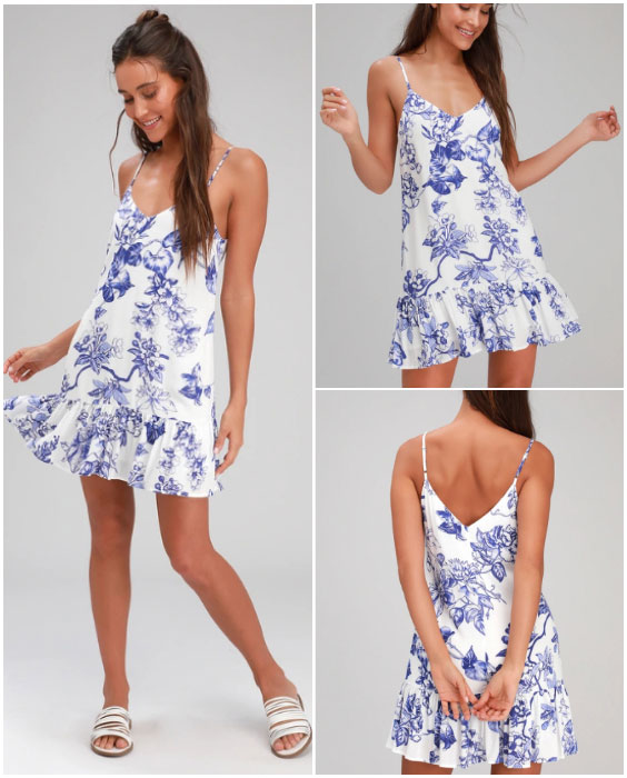 Blue and White Floral Print Ruffled Shift Dress