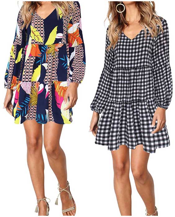 Casual Printed V Neck Long Sleeve Cute Dress Outfit For Woman