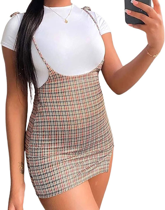 Cute Suspender Plaid Skirts Dresses Outfit for Woman