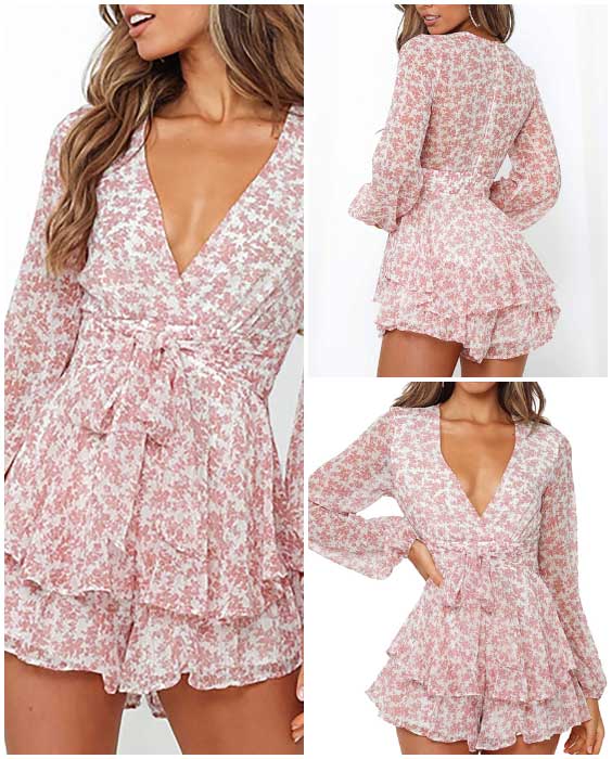 Long Sleeve Knot Front Ruffle Hem Floral Rompers