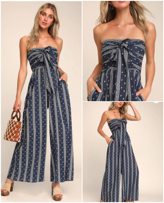 Navy Blue Print Strapless Jumpsuit Outfits for Spring