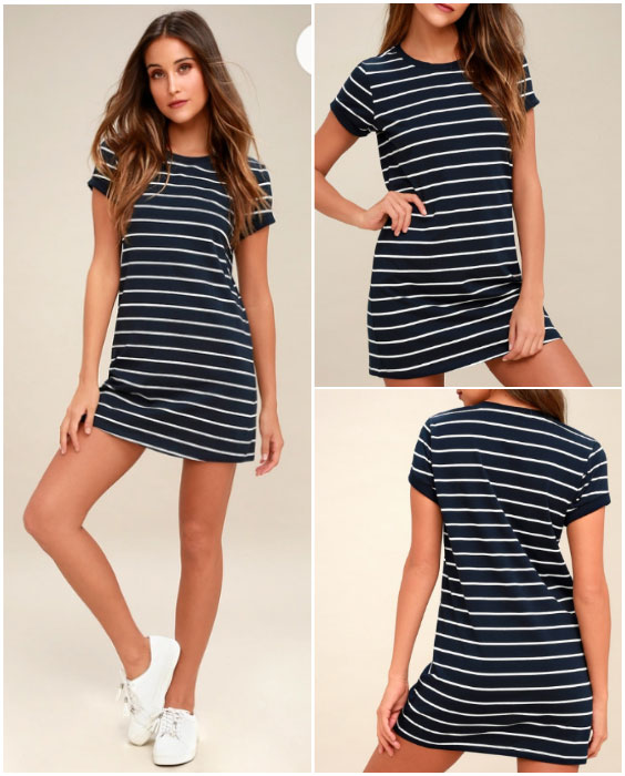 Navy Blue Striped Shirt Dress Cute Spring Outfit 