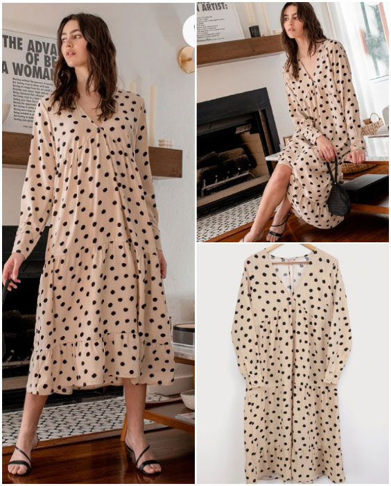Polka Dot Long Sleeve Tiered Maxi Dress Cute Outfits for Spring