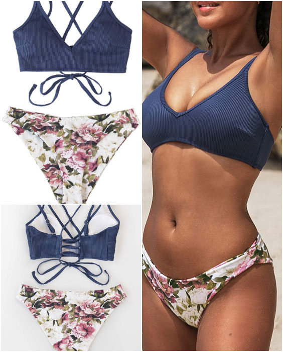Swimsuit V Neck Floral Print Lace Up Two Piece