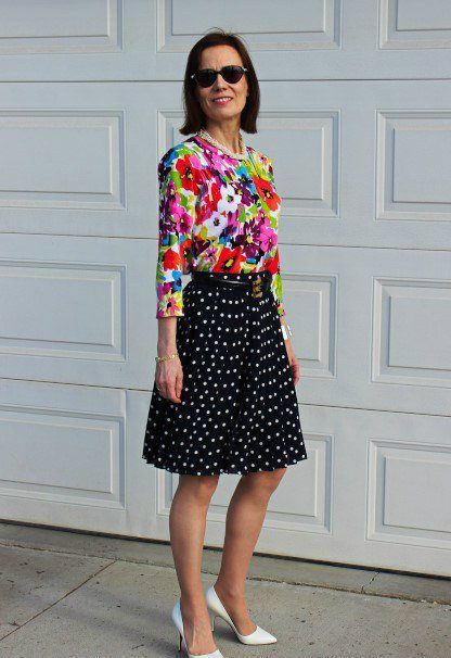 floral blouse with black and white plaid skirt