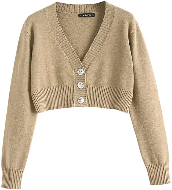 Button Down Long Sleeve V-Neck Rib-Knit Cropped Cardigan Sweater