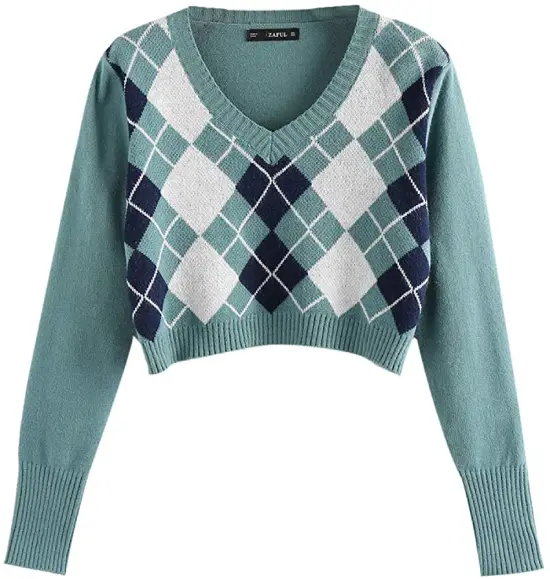 Long Sleeve V-Neck Argyle Knitted Crop Sweater Pullover Tops