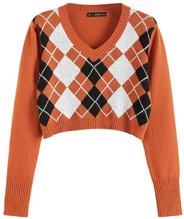 Long Sleeve V-Neck Argyle Knitted Crop Sweater