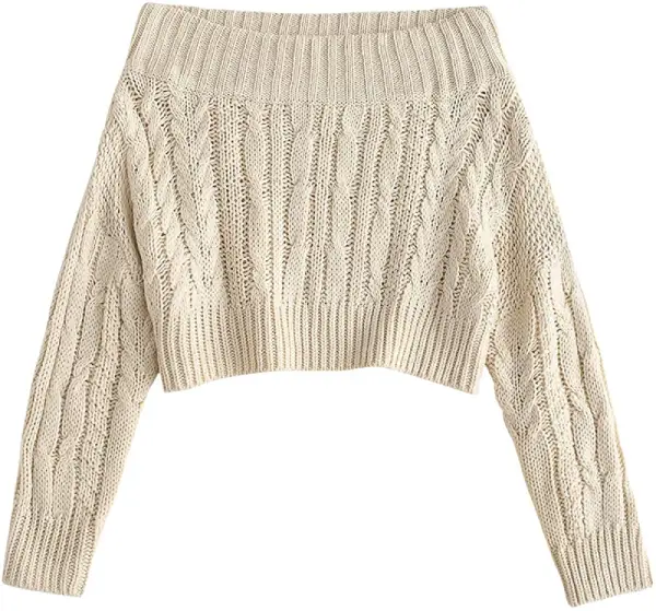Off Shoulder Long Sleeve Chunky Cable Knit Crop Sweater