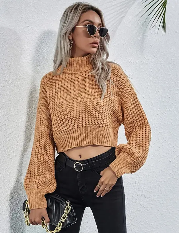 Turtleneck Knit Sweaters Casual Lantern Long Sleeve Pullover Cropped Cute Jumper