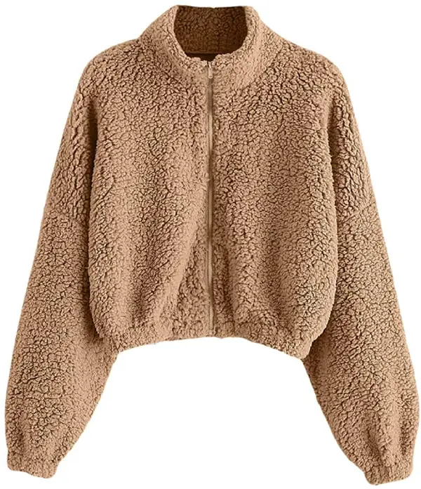 Zip Up Fluffy Teddy Jacket Coat Faux Shearling Drop Shoulder Cropped Sweater