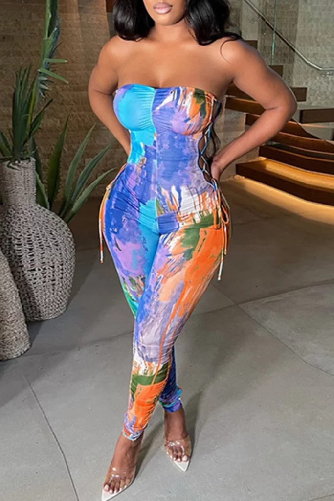 Print Bandage Backless Strapless Jumpsuit Baddie Outfit Ideas