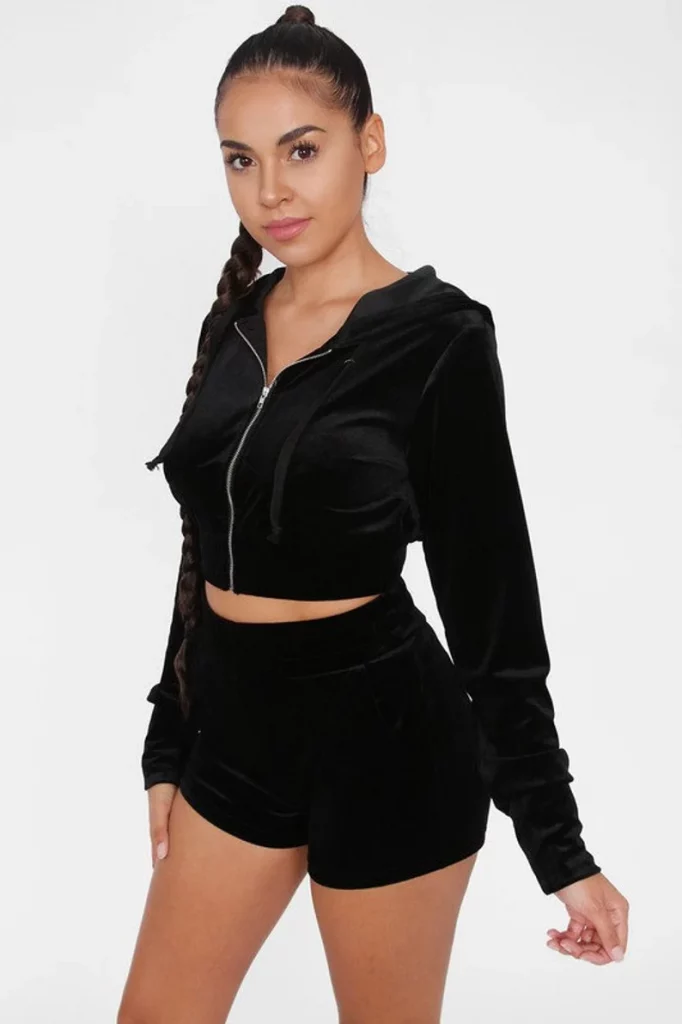Velour Set Black Shorts Outfit with long sleeve top Baddie Outfit Idea