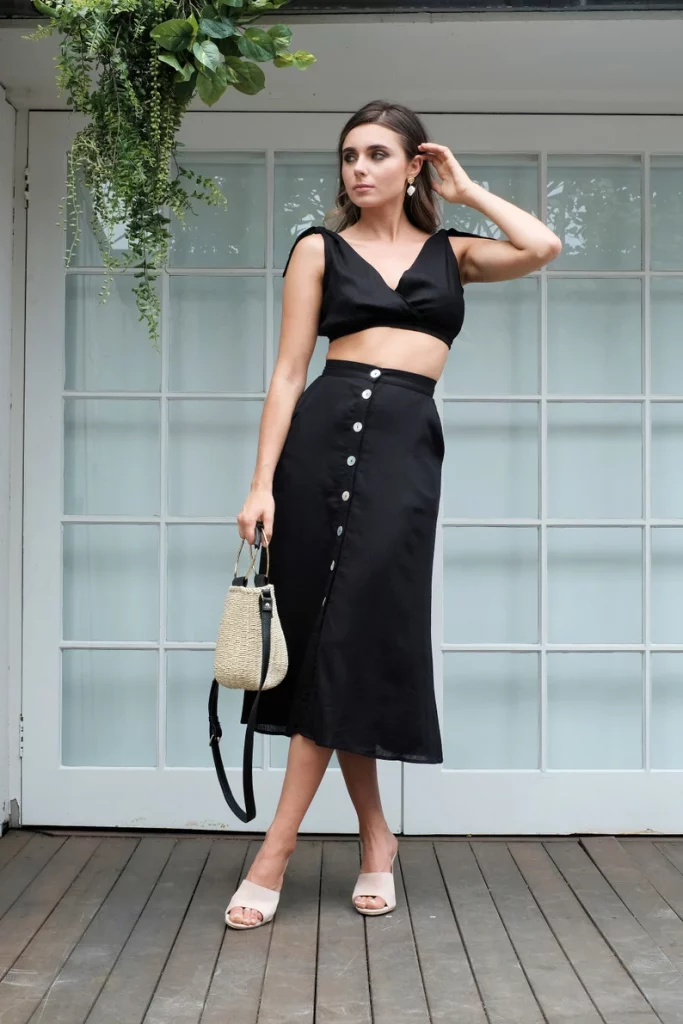 Black Linen Skirt and Crop Top Set