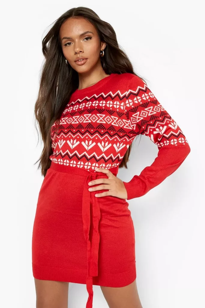 Petite Christmas knit sweater with belt red Christmas dress for women 