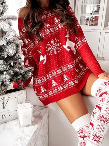 Women's Dress Floral Animal Christmas Acrylic Fibers Long Sleeve Sweater Cardigans Crew Neck Fall Winter Black Red
